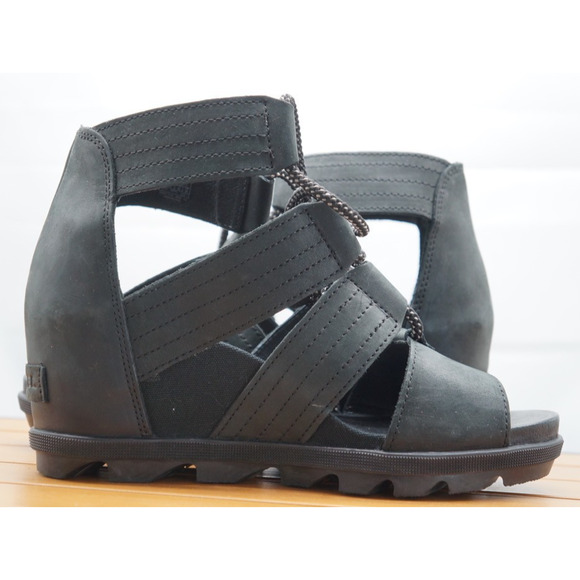 SOREL Women's Joanie Sandal Size 9 Black Leather Strappy Lace Up Wedge Heel Shoe - Picture 6 of 10